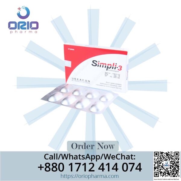 Simpli-3 500 mg Azithromycin Tablets by Beacon Pharmaceuticals for bacterial infections Orio Pharma